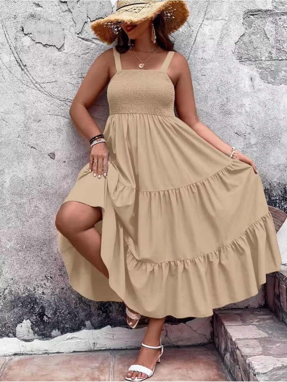 Women’s Smocked Tiered Maxi Dress - Beige
